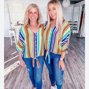 Main strip striped tie front blouse size large Colorful Striped Women's Top